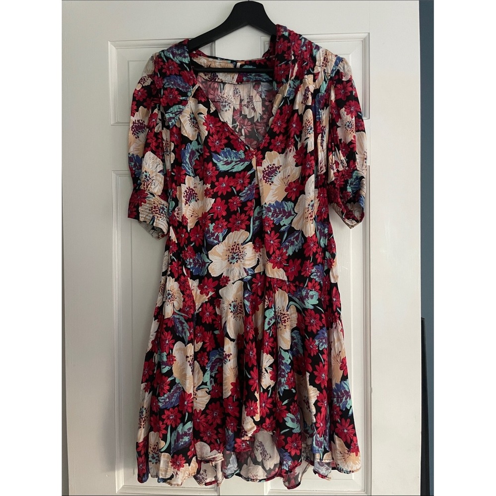 Free People Floral V-Neck Drop Waist Mini Dress Red Black Small
